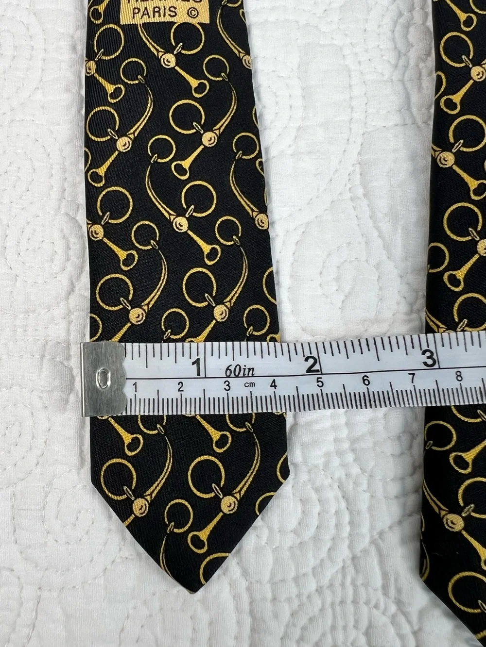 Vintage Hermès Silk Tie 643 TA Black Gold Horsebit Equestrian Scarf Print France